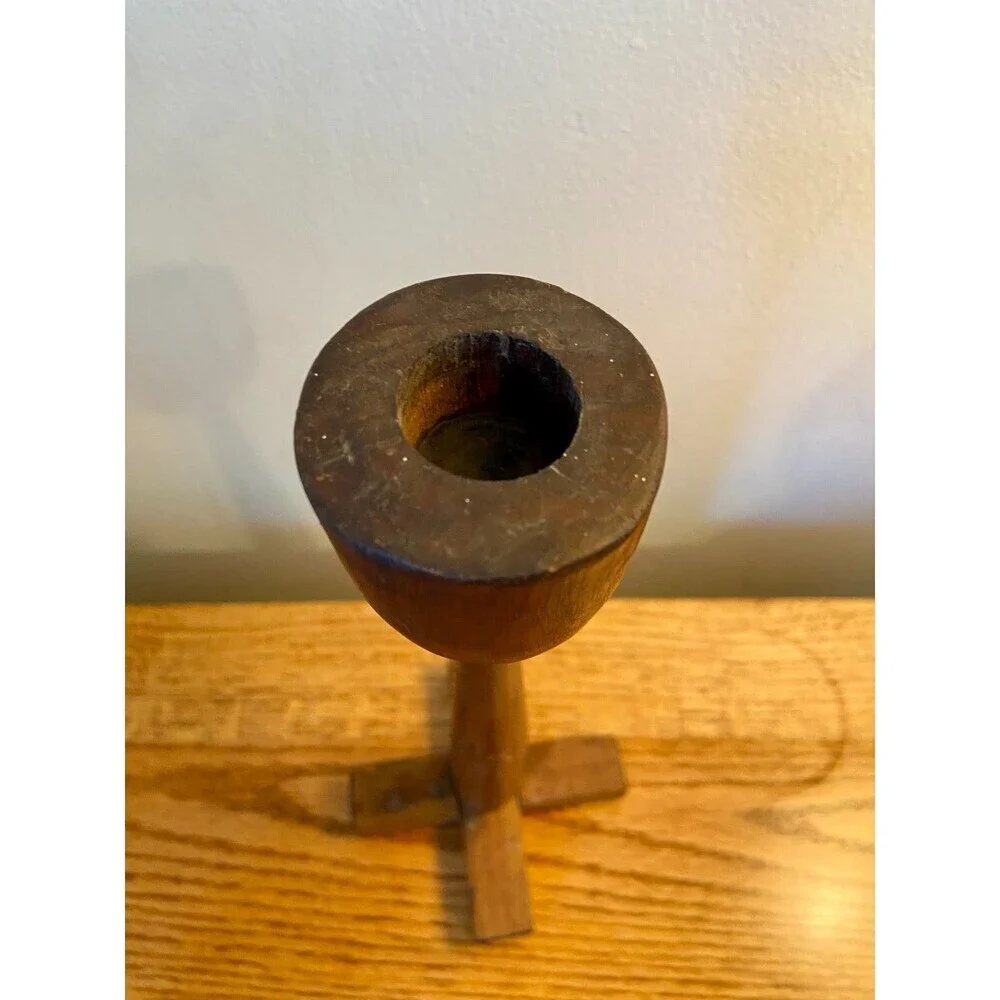 Mid Century Modern Wood Candlestick Holder Danish Pillar Round Dark Scandinavian